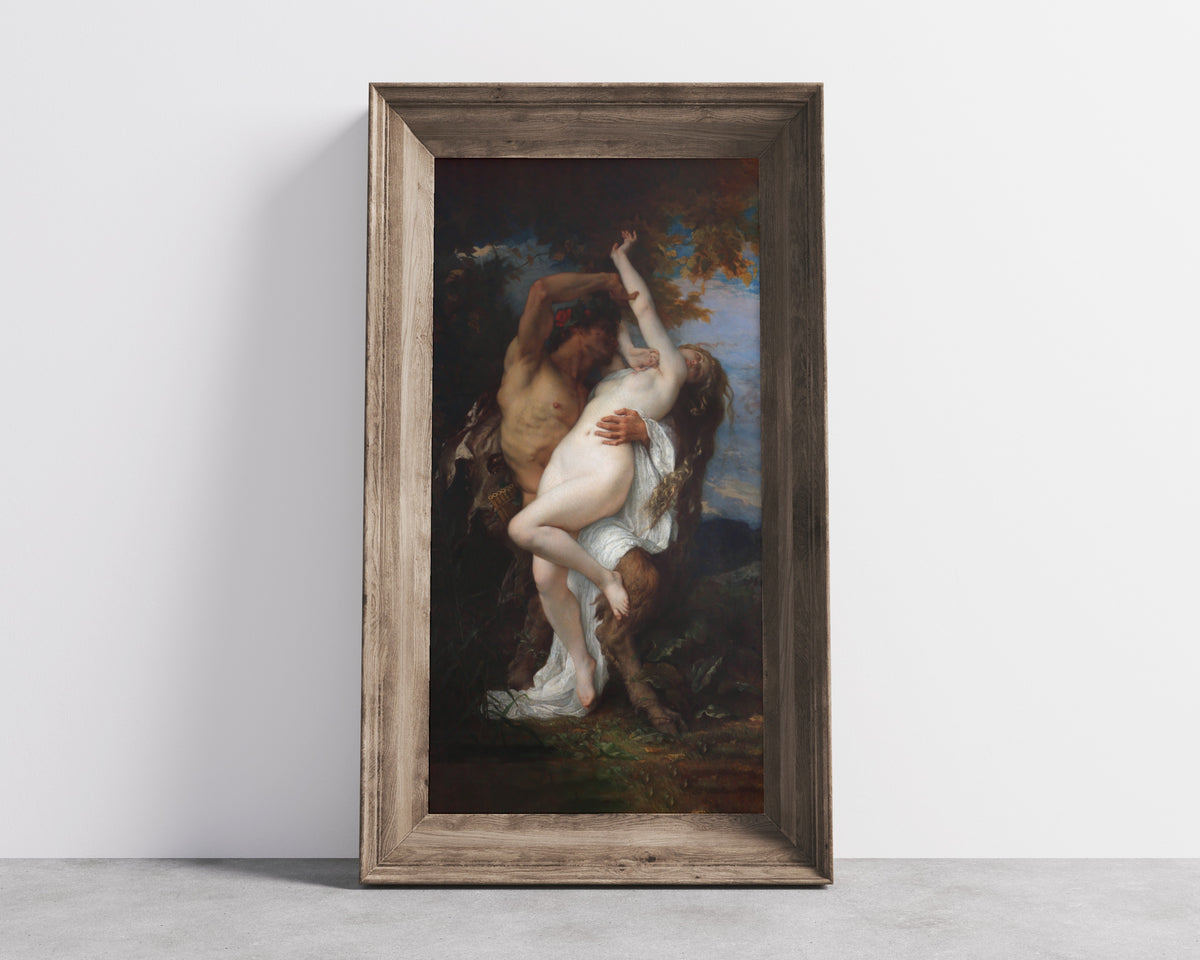 Framed art print of Nymph Abducted by a Faun by Alexandre Cabanel, in a wide wooden frame leaning against a concrete wall