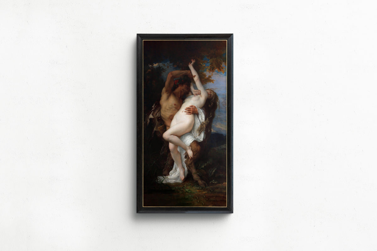Framed art print of Nymph Abducted by a Faun by Alexandre Cabanel, in a slim black frame on a plain white wall