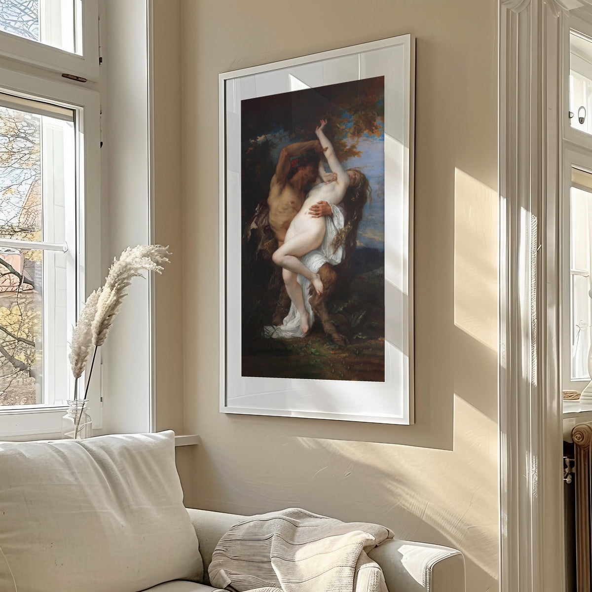 Framed art print of Nymph Abducted by a Faun by Alexandre Cabanel, in a sunlit living room above a sofa