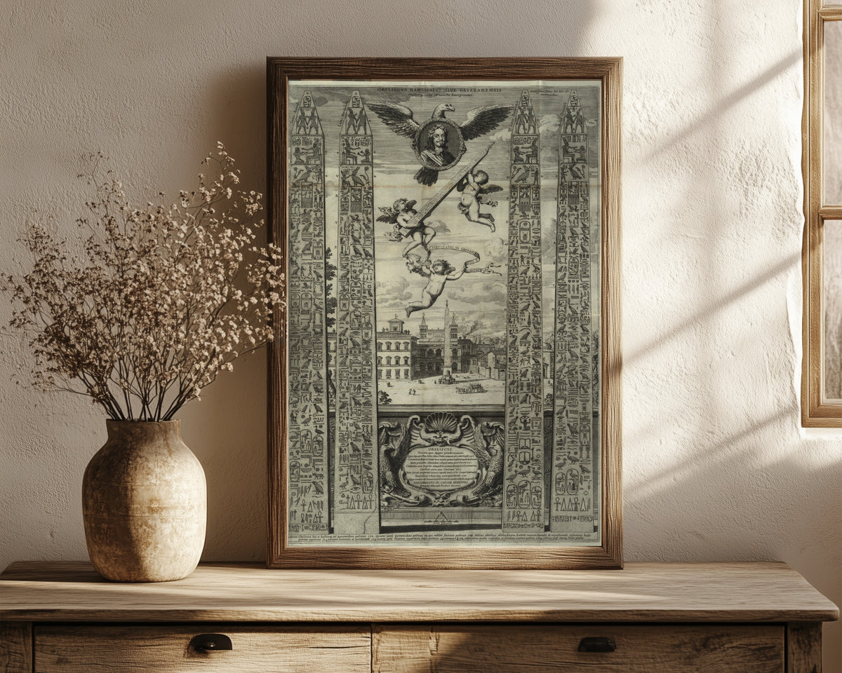 Framed art print of Obelisk Plate with Eagle and Cherubs (Oedipus… by Athanasius Kircher, in a dark wood frame leaning on a rustic console beside dried flowers