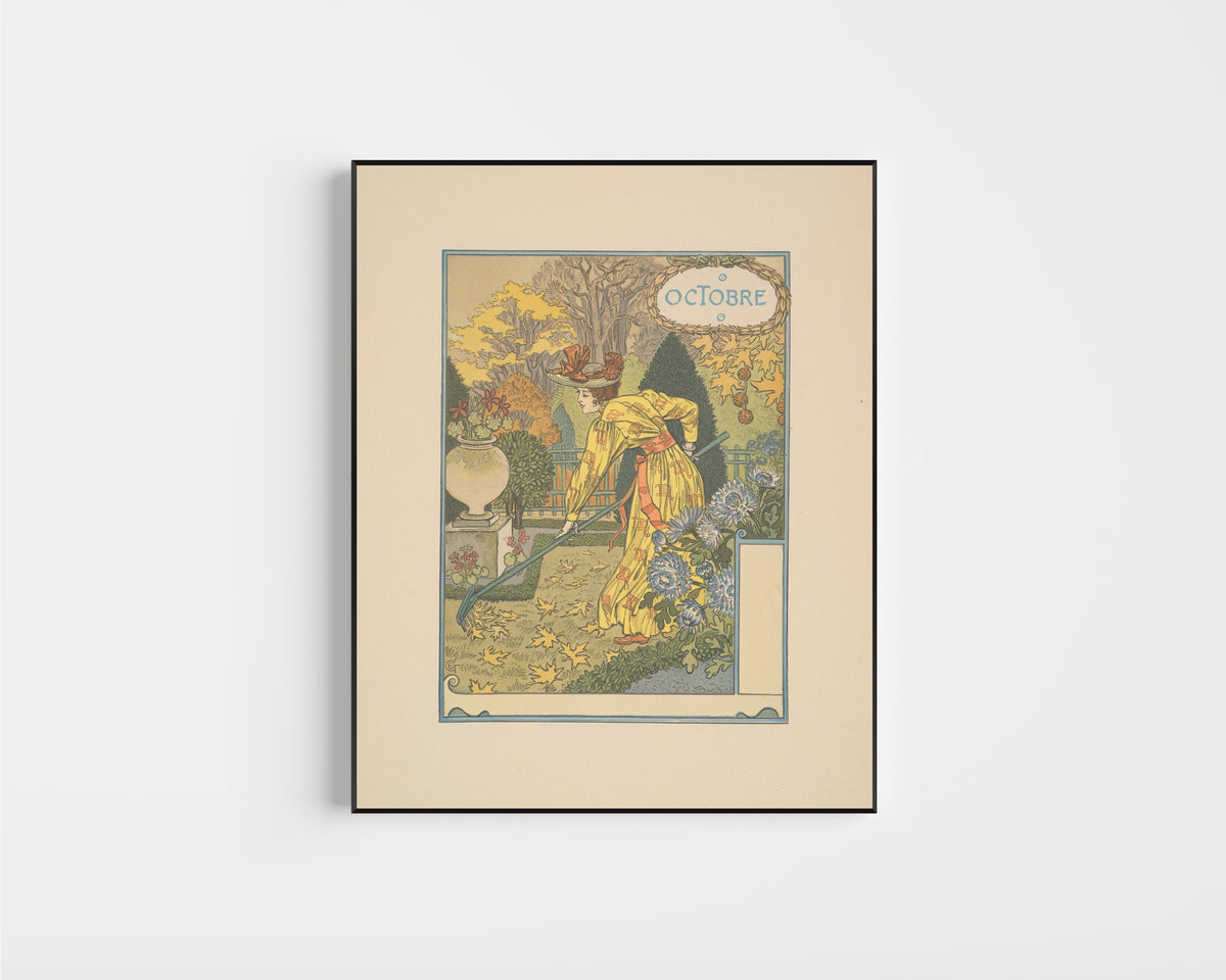 Framed art print of Octobre by Eugène Grasset, in a slim black frame on a plain white wall