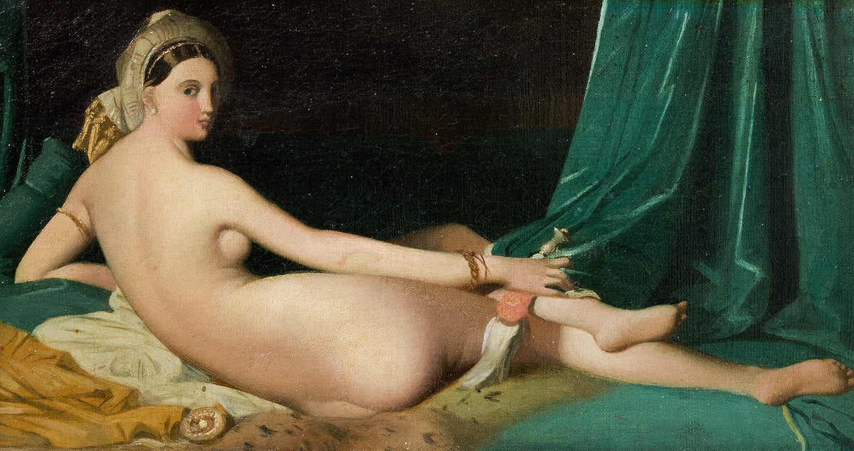 Odalisque by Jean-Auguste-Dominique Ingres — A woman lies on a green divan, glancing back over her shoulder