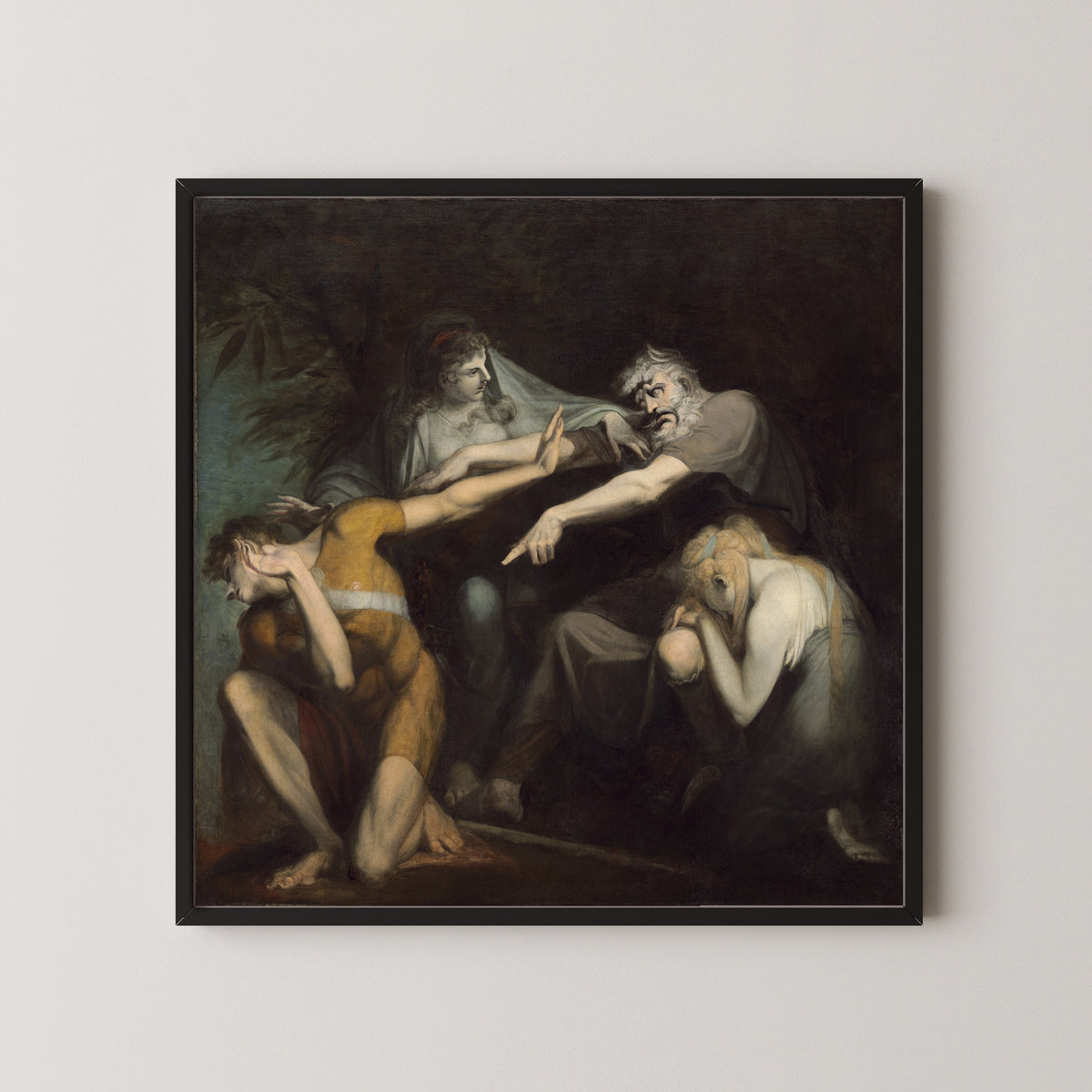 Framed art print of Oedipus Cursing His Son, Polynices by Henry Fuseli, in a black frame on a pale wall