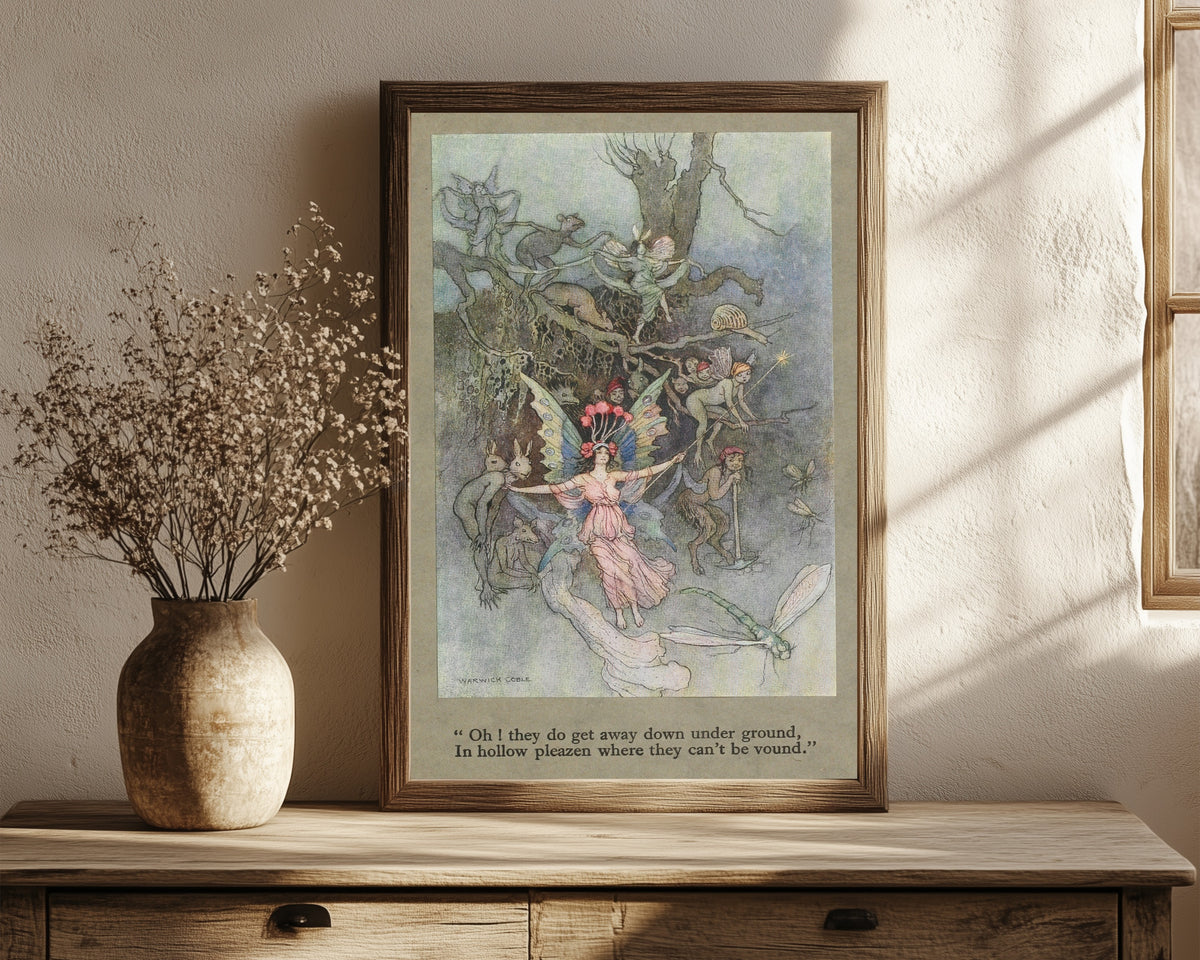 Framed art print of Oh! they do get away down under ground, in hollow… by Warwick Goble, in a dark wood frame leaning on a rustic console beside dried flowers