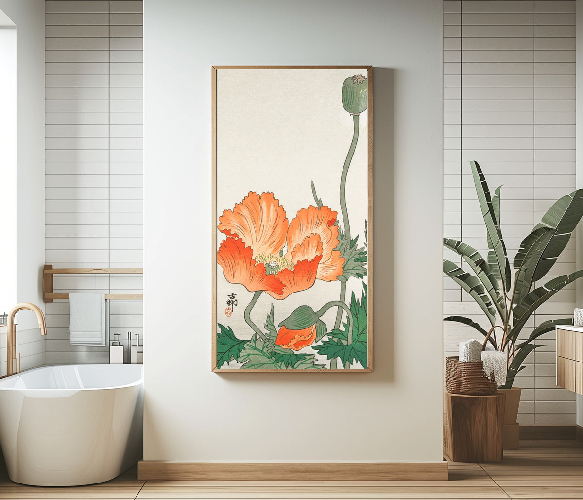 Poppies by Ohara Koson — framed in a bathroom beside a freestanding tub