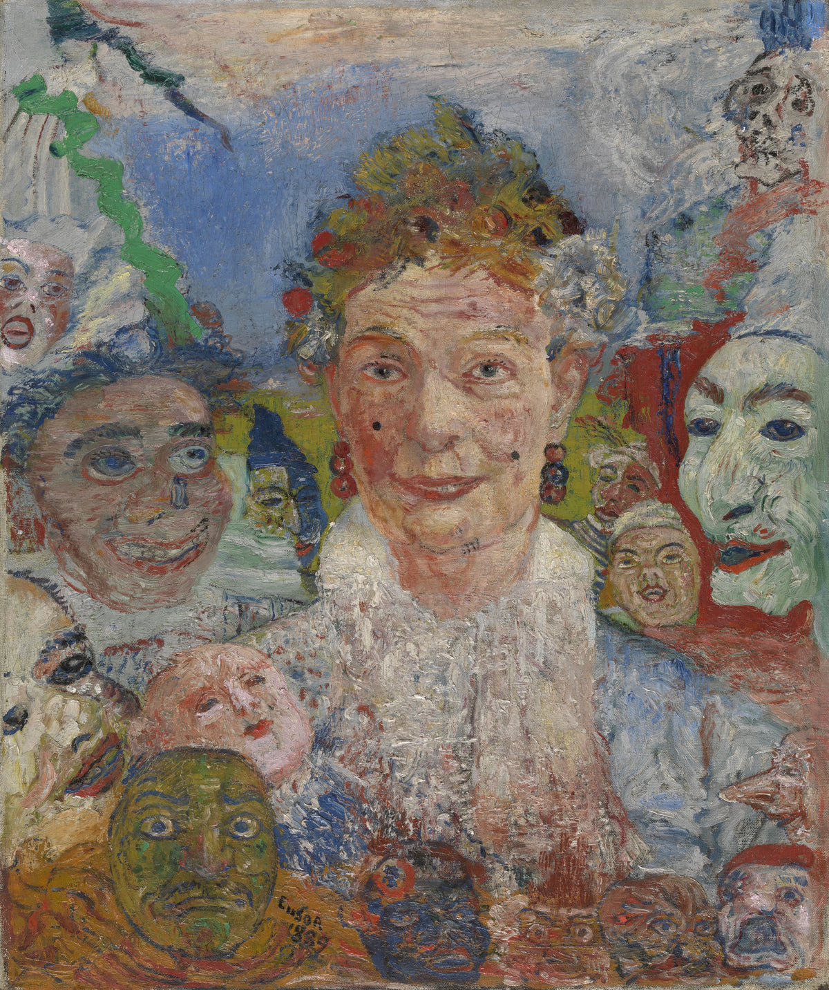 Old Lady with Masks by James Ensor — An old woman in a lace ruff ringed by grinning carnival masks