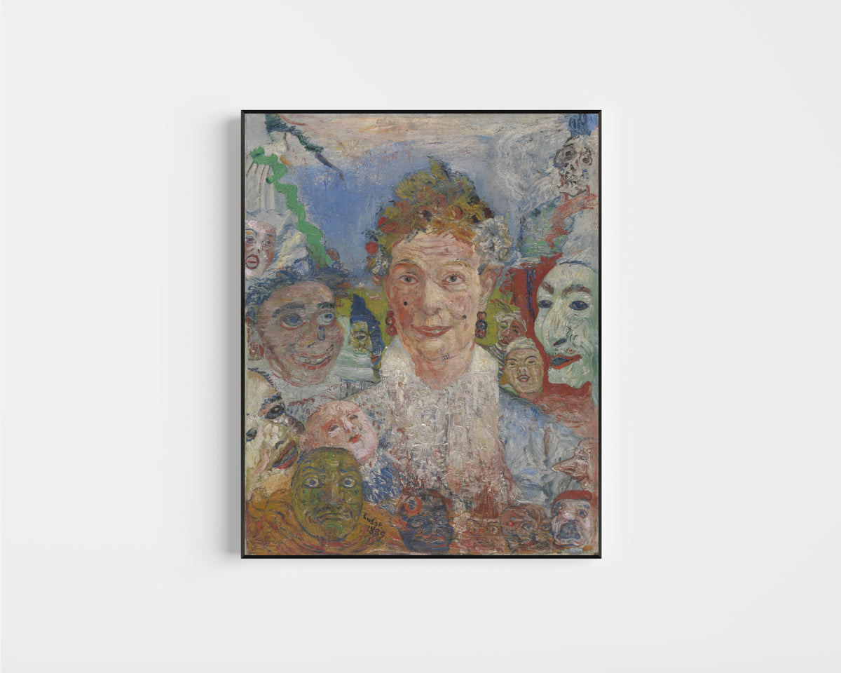 Framed art print of Old Lady with Masks by James Ensor, in a slim black frame on a plain white wall