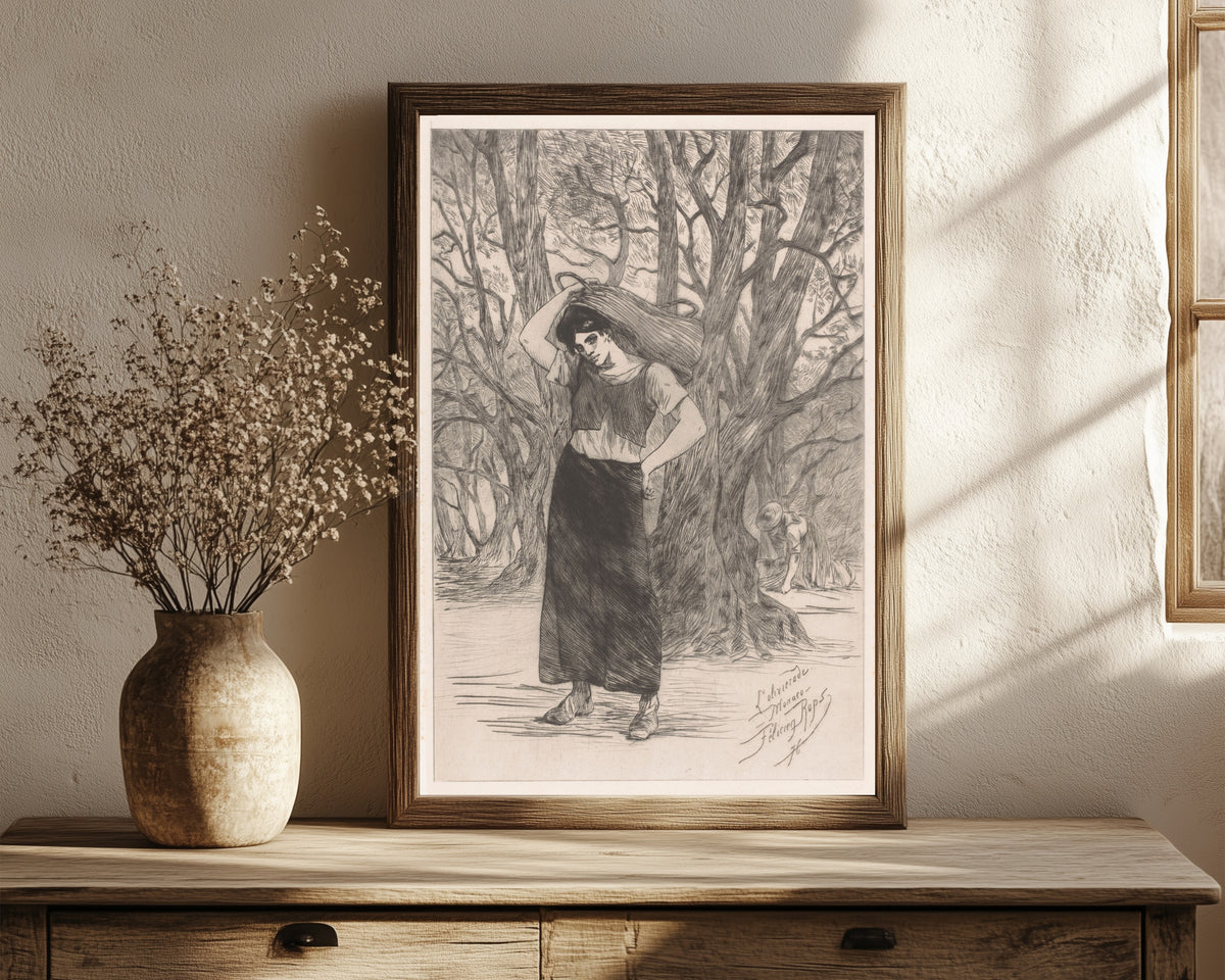Framed art print of Olijvenplukster (L'olivierade, À Monaco) by Félicien Rops, in a dark wood frame leaning on a rustic console beside dried flowers
