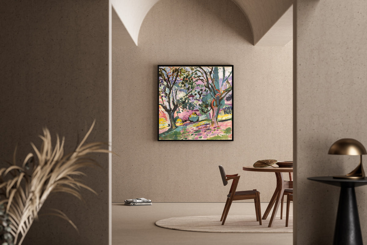 Framed art print of Olive Trees at Collioure by Henri Matisse, in a sunlit dining corner