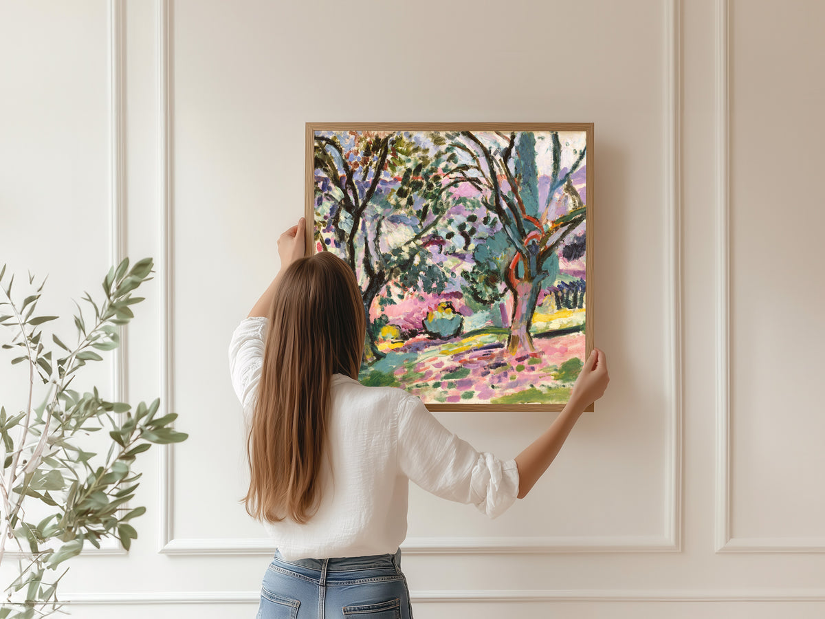 Framed art print of Olive Trees at Collioure by Henri Matisse, hung on a panelled wall