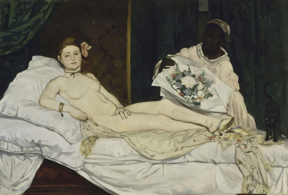 Olympia by Édouard Manet — A reclining woman meets our gaze as her maid brings a bouquet