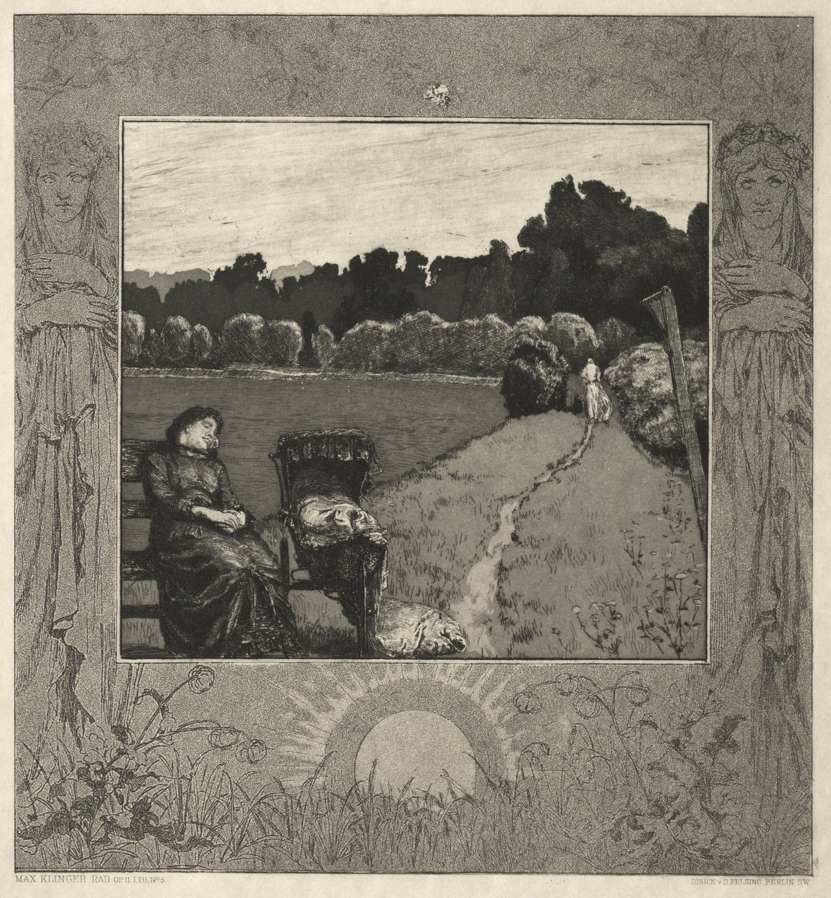 On Death I: Child by Max Klinger — A mother dozes on a bench as a pale figure walks off down the path