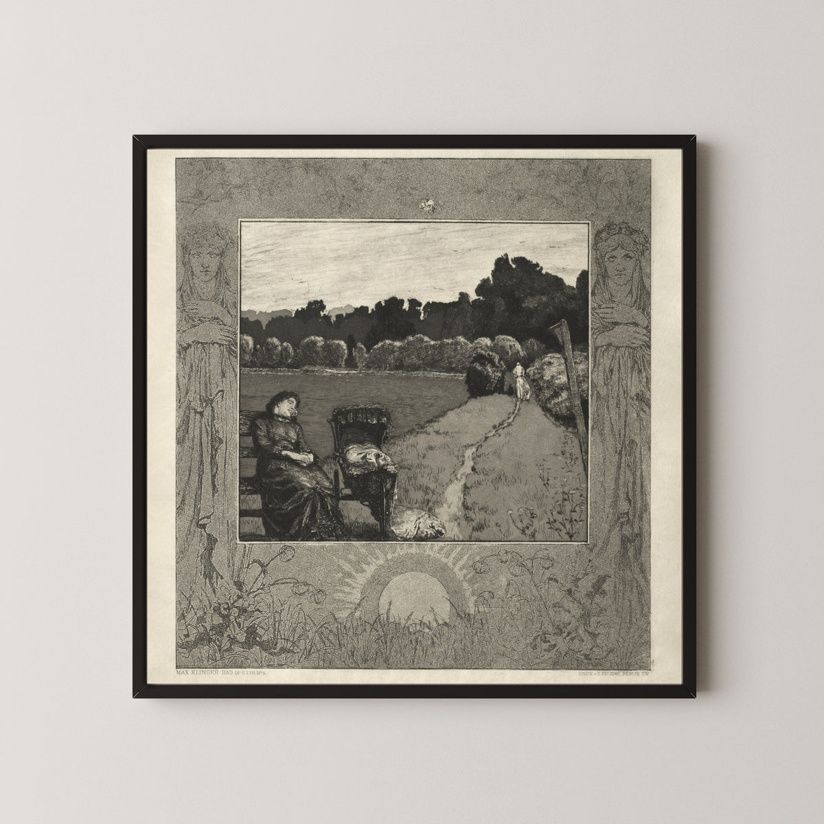 Framed art print of On Death I: Child by Max Klinger, in a black frame on a pale wall