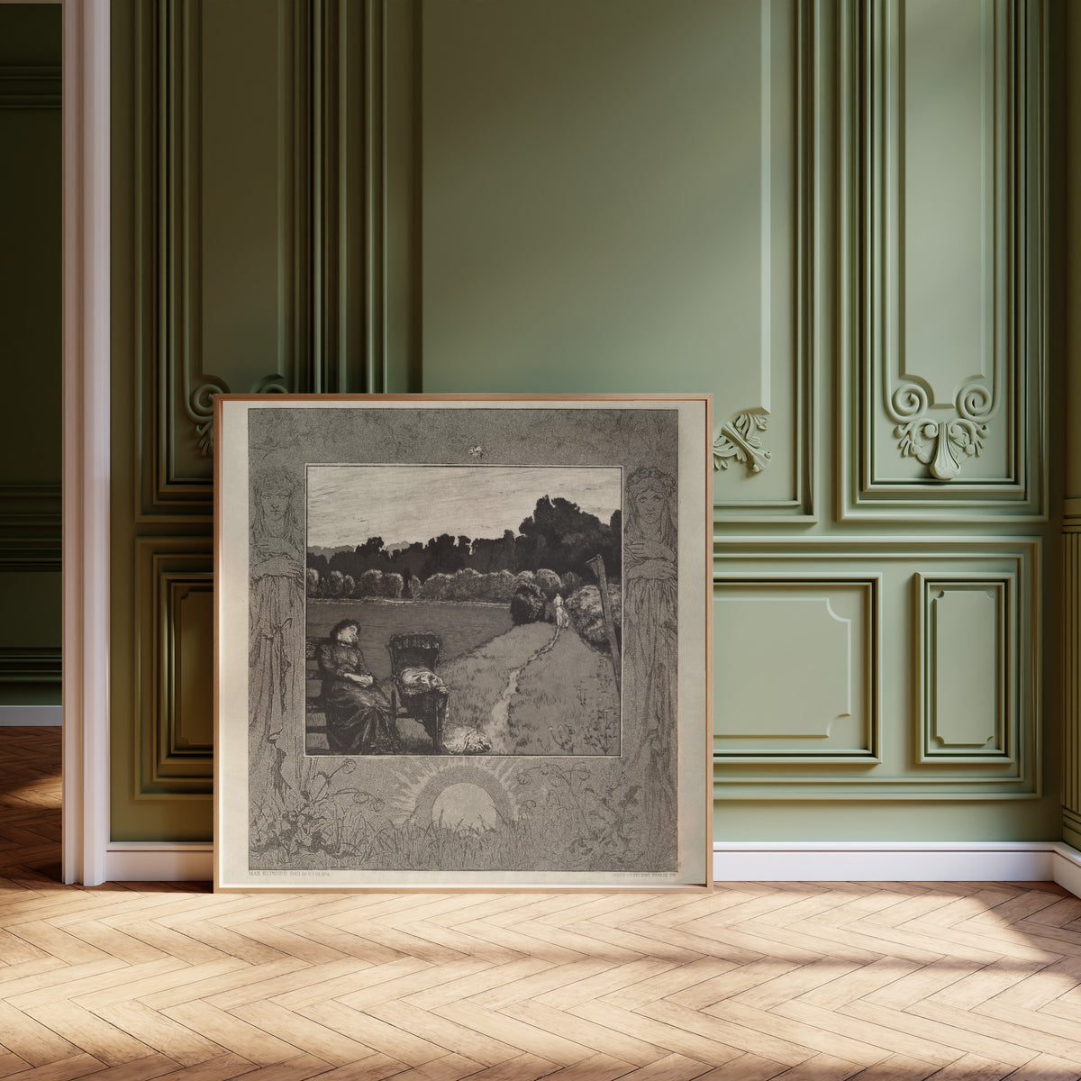Framed art print of On Death I: Child by Max Klinger, leaning against olive-green panelling on a herringbone floor