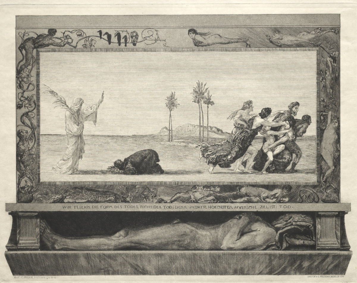 On Death I: Death as Saviour by Max Klinger — A robed figure with a palm frond raises a hand as a crowd flees