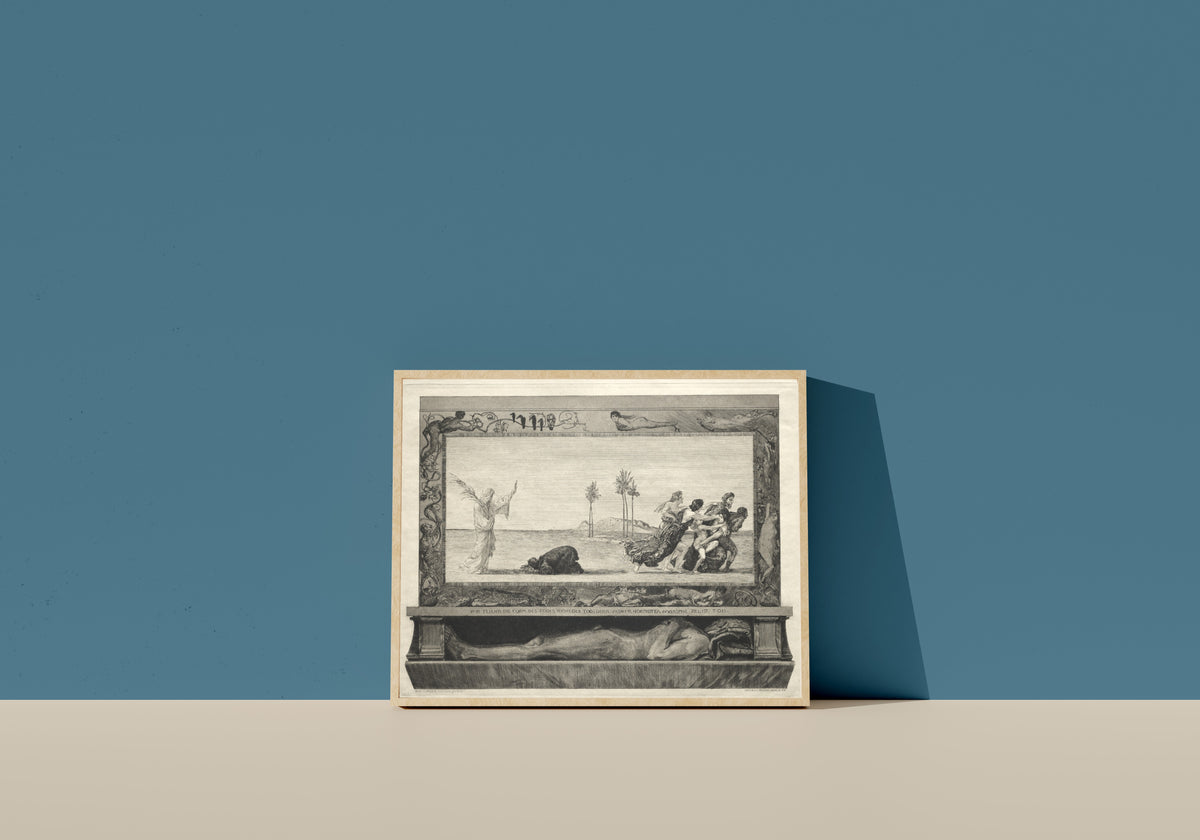 Framed art print of On Death I: Death as Saviour by Max Klinger, in a light wood frame leaning on a blue wall