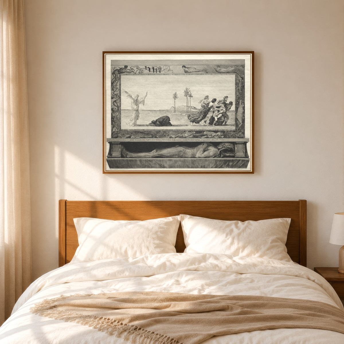 Framed art print of On Death I: Death as Saviour by Max Klinger, in a slim wood frame above a bed in a sunlit bedroom