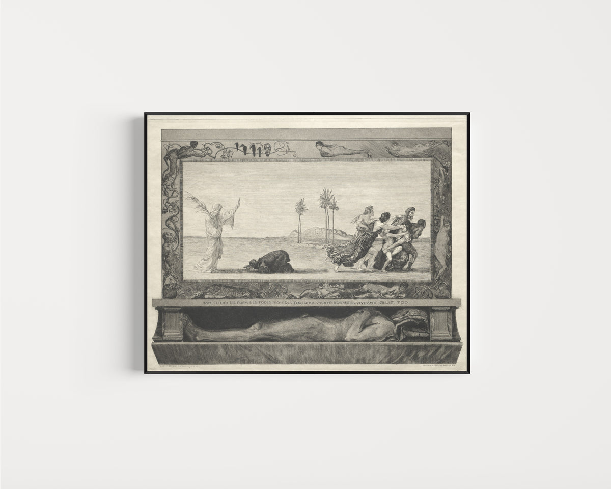 Framed art print of On Death I: Death as Saviour by Max Klinger, in a slim black frame on a plain white wall