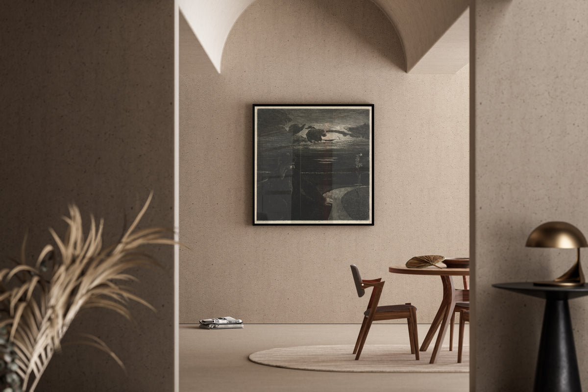 Framed art print of On Death I: Night by Max Klinger, in a sunlit dining corner