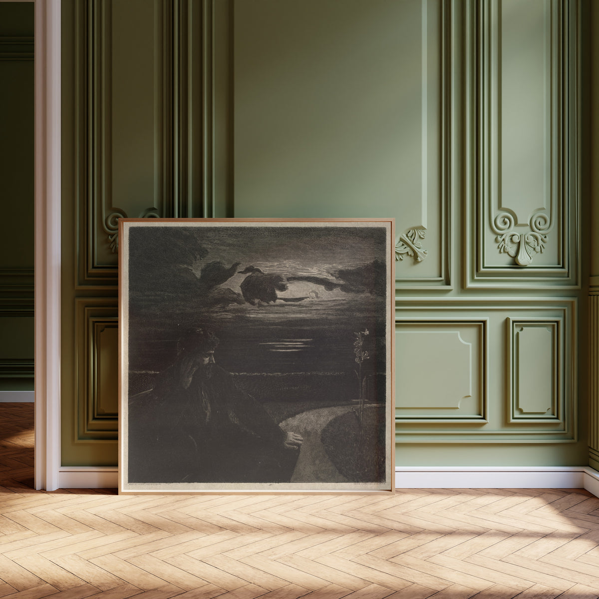Framed art print of On Death I: Night by Max Klinger, leaning against olive-green panelling on a herringbone floor