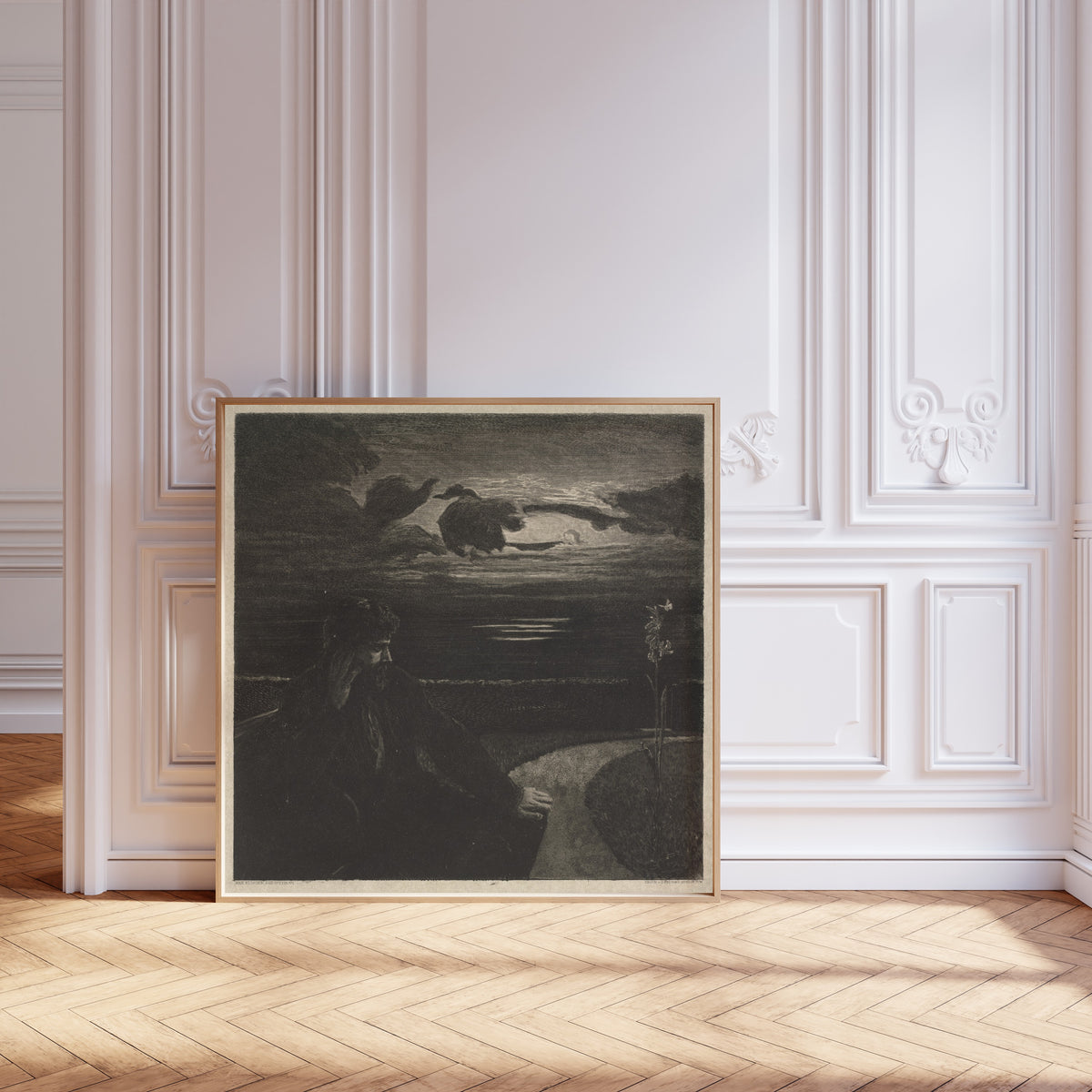 Framed art print of On Death I: Night by Max Klinger, leaning against pale pink panelling on a herringbone floor