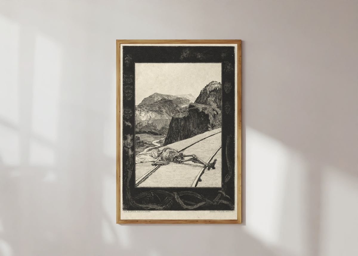 Framed art print of On Death I: On the Tracks by Max Klinger, in a light wood frame on a sunlit white wall