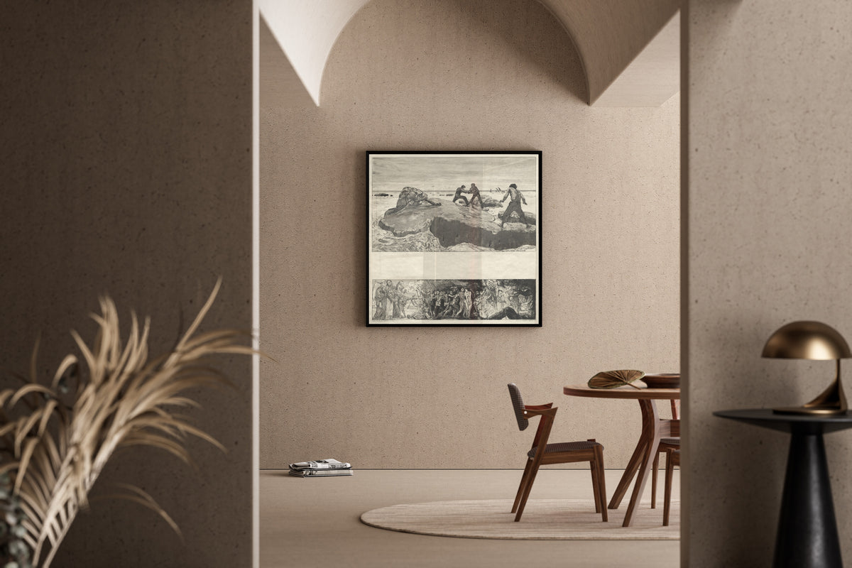 Framed art print of On Death I: Sailors by Max Klinger, in a sunlit dining corner