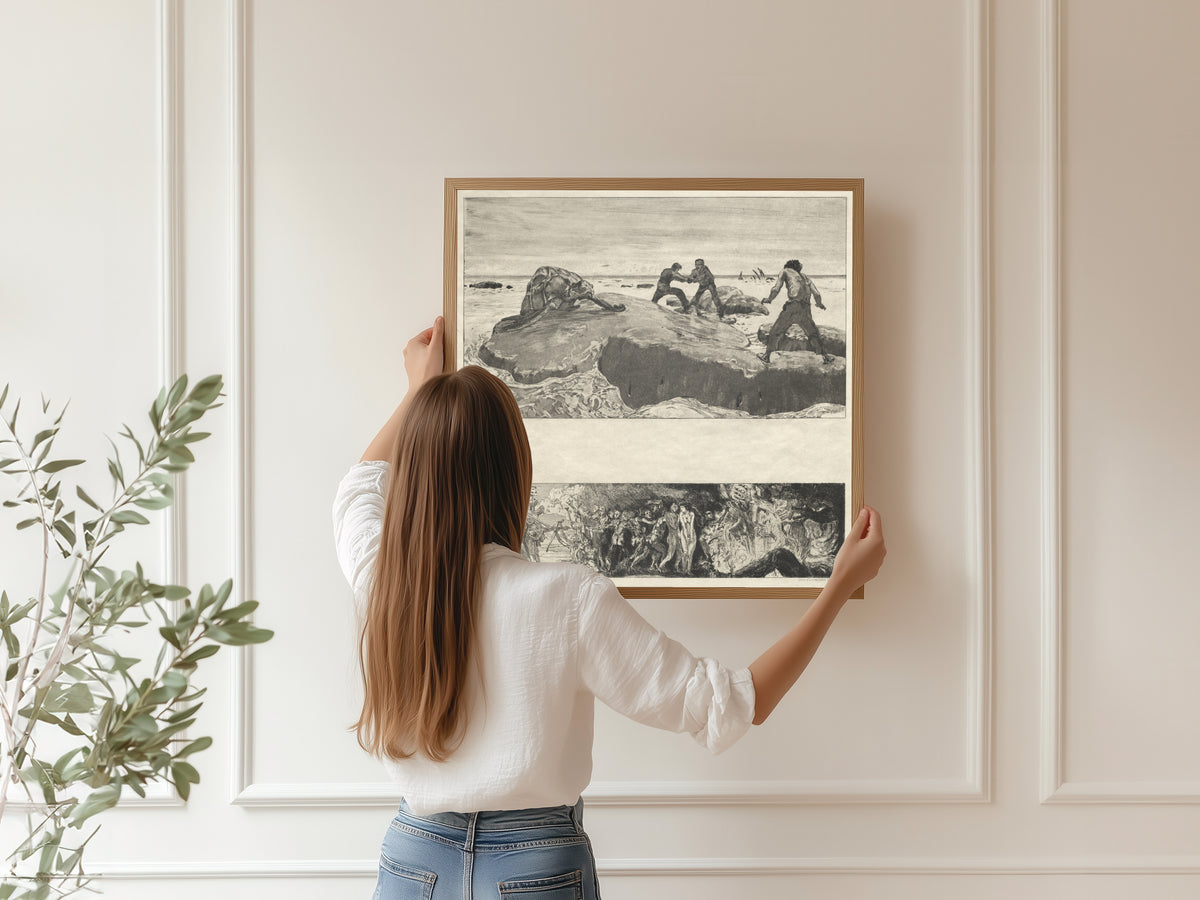 Framed art print of On Death I: Sailors by Max Klinger, hung on a panelled wall