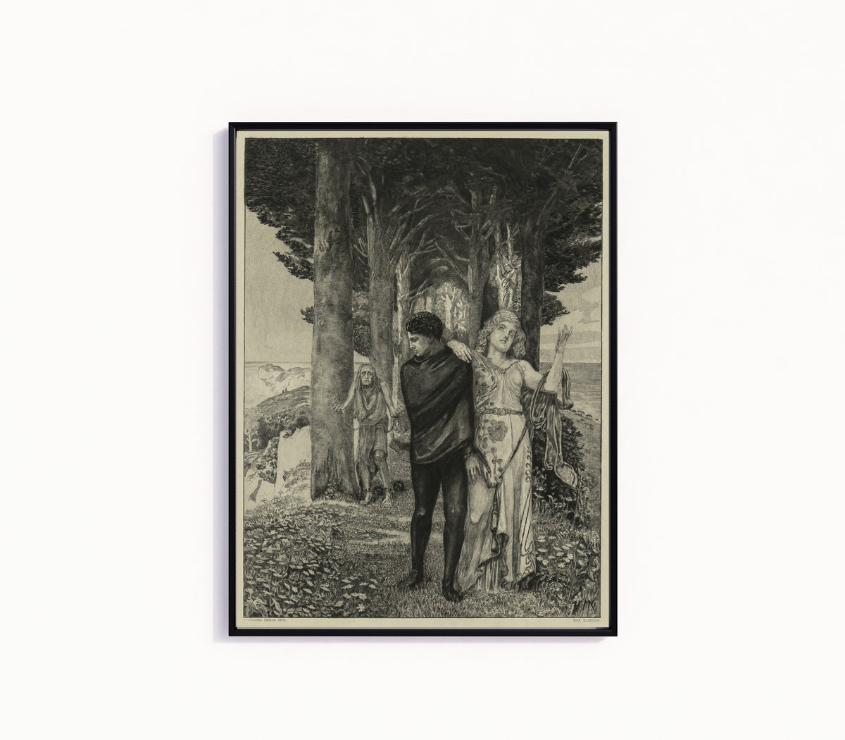 Framed art print of On Death II: Genius by Max Klinger, in a slim black frame on a plain white wall