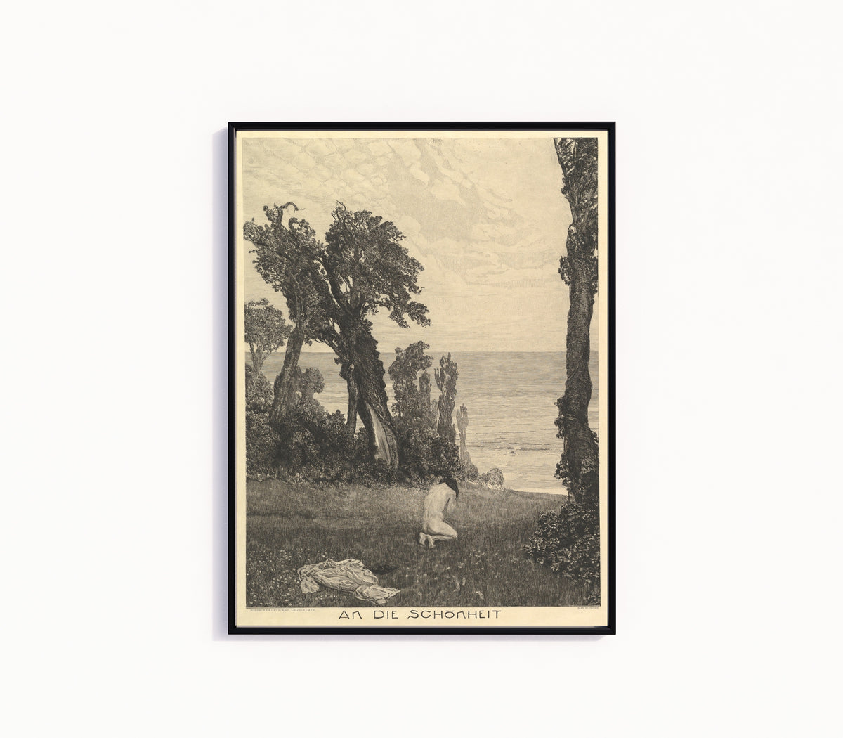 Framed art print of On Death II: To Beauty by Max Klinger, in a slim black frame on a plain white wall