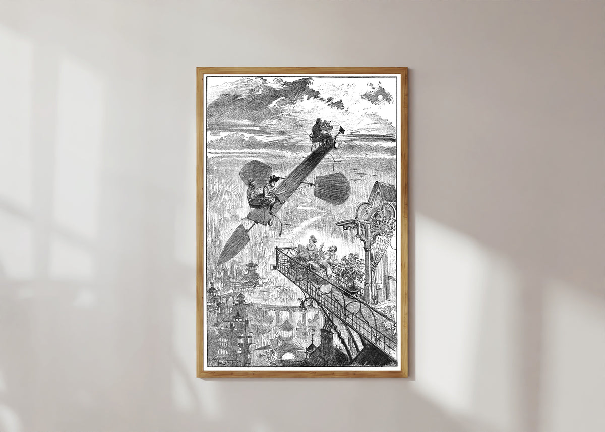 Framed art print of On respire la fraîcheur du soir by Albert Robida, in a light wood frame on a sunlit white wall