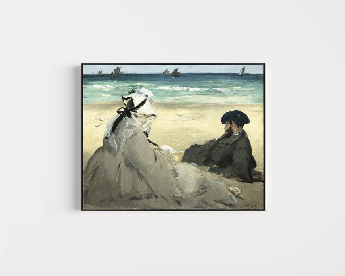 Framed art print of On the Beach by Édouard Manet, in a slim black frame on a plain white wall