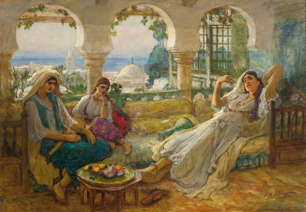 On the Terrace by Frederick Arthur Bridgman — Three women rest on a shaded terrace above the domes of a white city