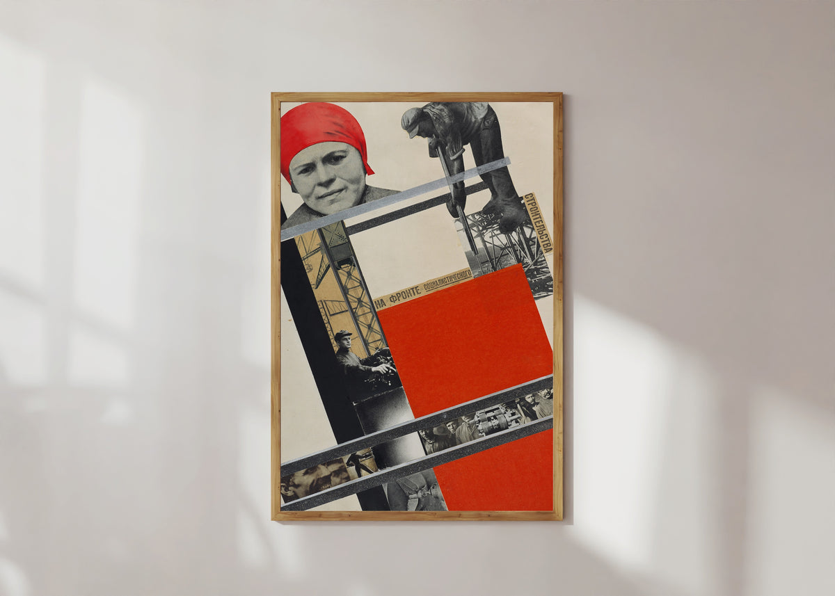Framed art print of On the front of socialist construction by Gustav Klutsis, in a light wood frame on a sunlit white wall