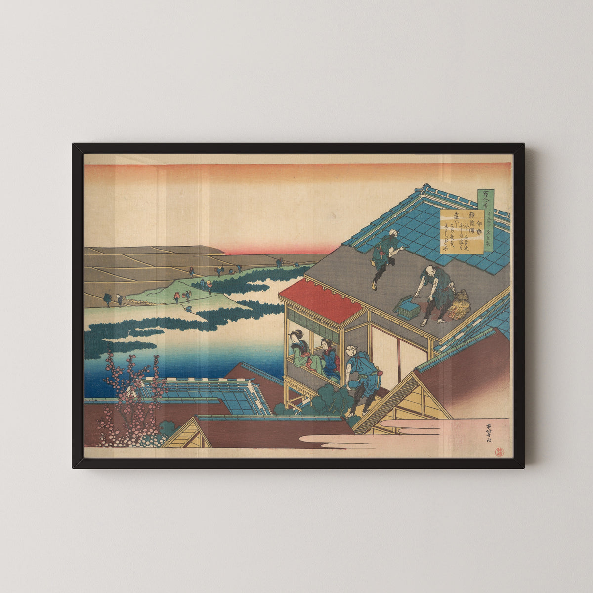 Framed art print of One Hundred Poems Explained by the Nurse: Poem by Ise by Katsushika Hokusai, in a black frame on a pale wall