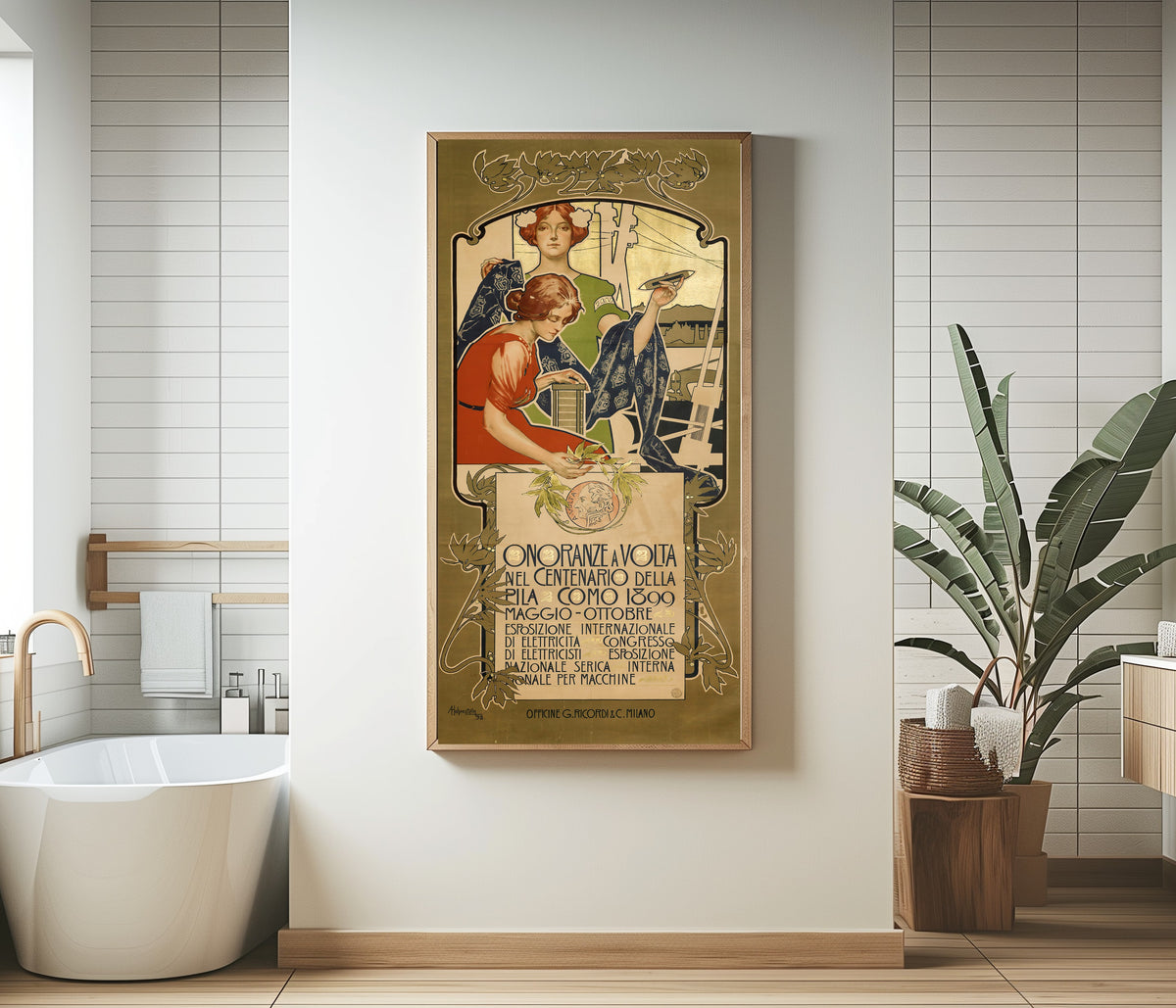 Framed art print of Onoranze a Volta nel Centenario della Pila, Como 1899 by Adolfo Hohenstein, in a bathroom beside a freestanding tub