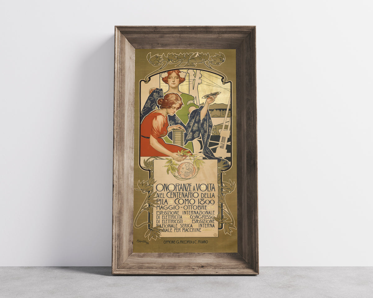 Framed art print of Onoranze a Volta nel Centenario della Pila, Como 1899 by Adolfo Hohenstein, in a wide wooden frame leaning against a concrete wall