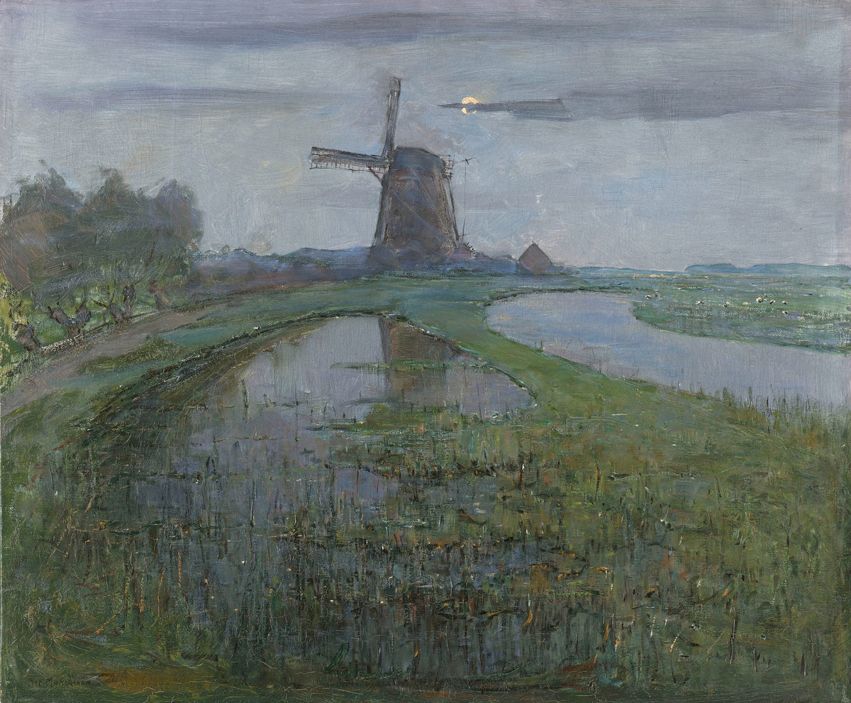 Oostzijdse Mill along the River Gein by Moonlight by Piet Mondrian — A dark windmill under a veiled moon above a reed-filled bend of river