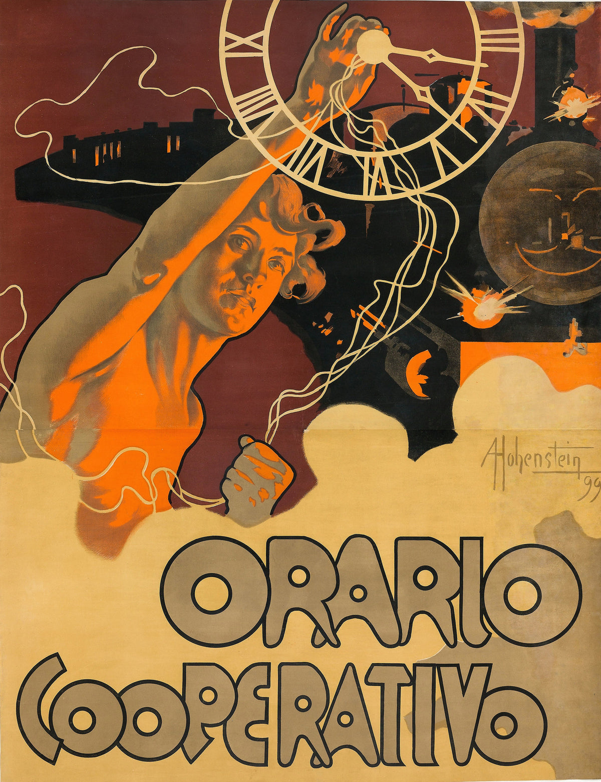 Orario Cooperativo by Adolfo Hohenstein — A bare-shouldered figure drags the hands of a giant clock