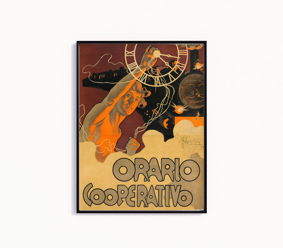 Framed art print of Orario Cooperativo by Adolfo Hohenstein, in a slim black frame on a plain white wall