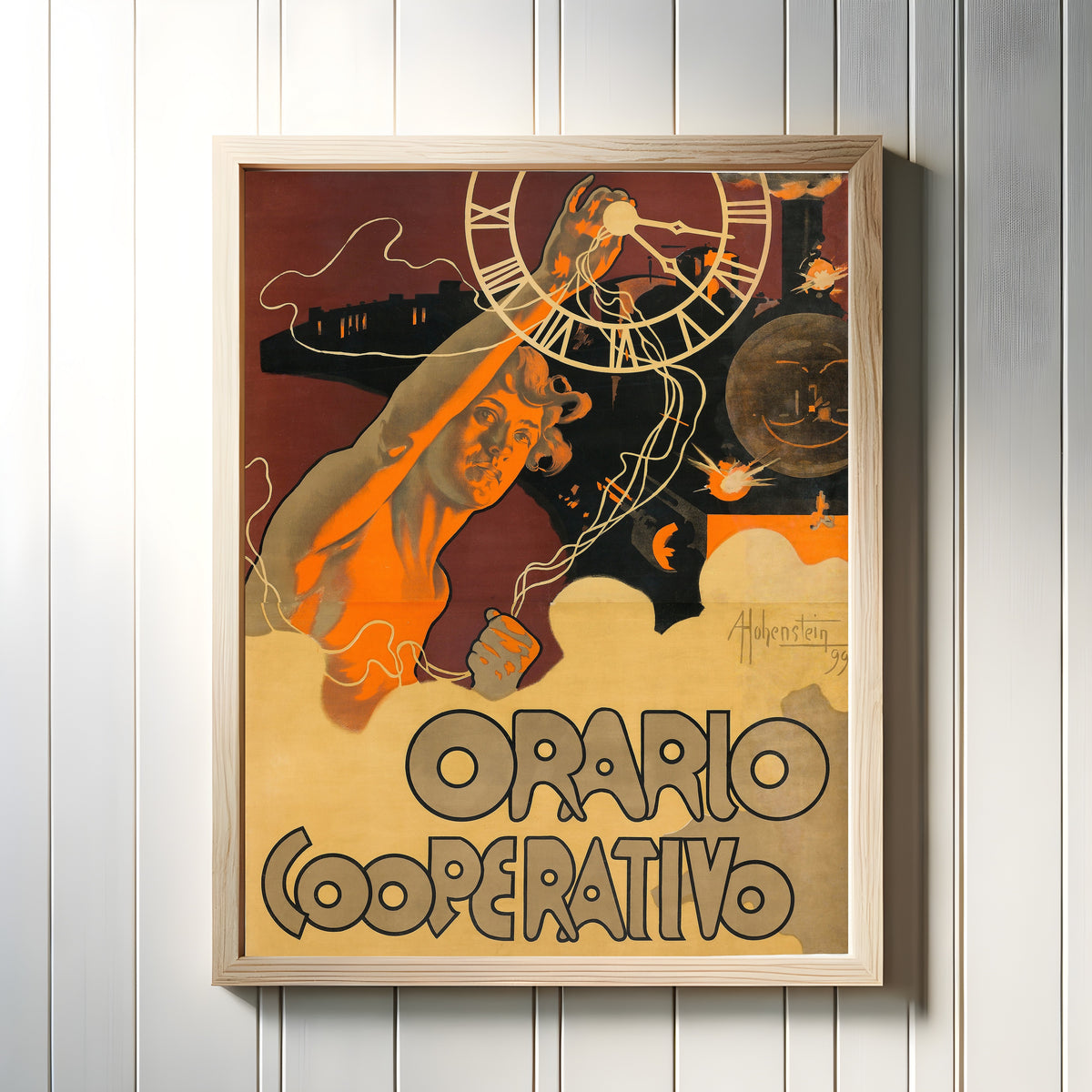 Framed art print of Orario Cooperativo by Adolfo Hohenstein, in a light wood frame on a white panelled wall