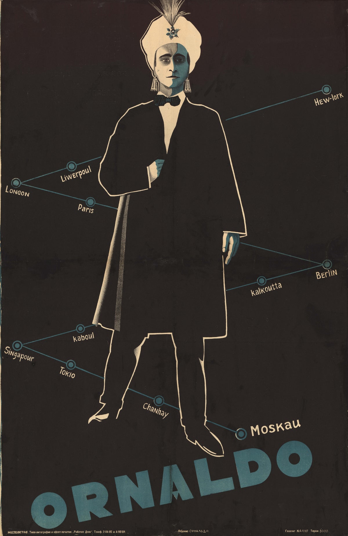 Ornaldo — A turbaned figure linked by teal lines to cities of the world