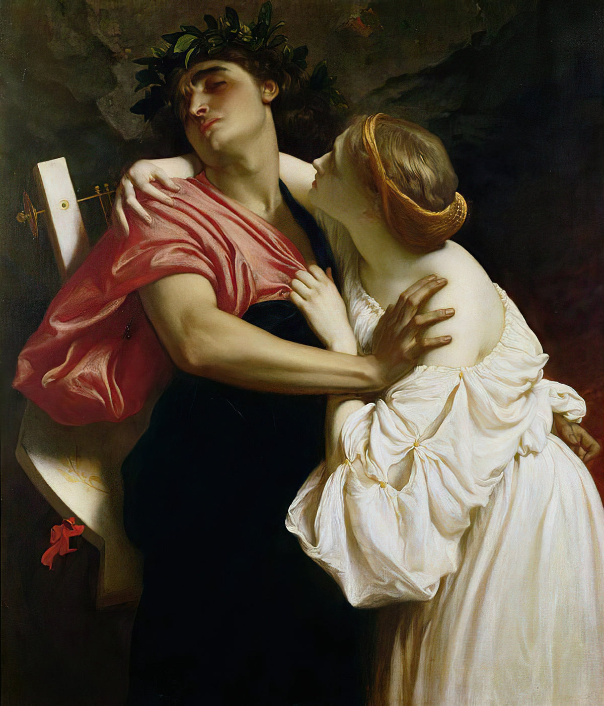 Orpheus and Eurydice by Frederic Leighton — Eurydice clings to Orpheus as he turns his face away