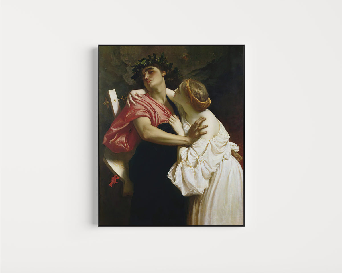 Framed art print of Orpheus and Eurydice by Frederic Leighton, in a slim black frame on a plain white wall