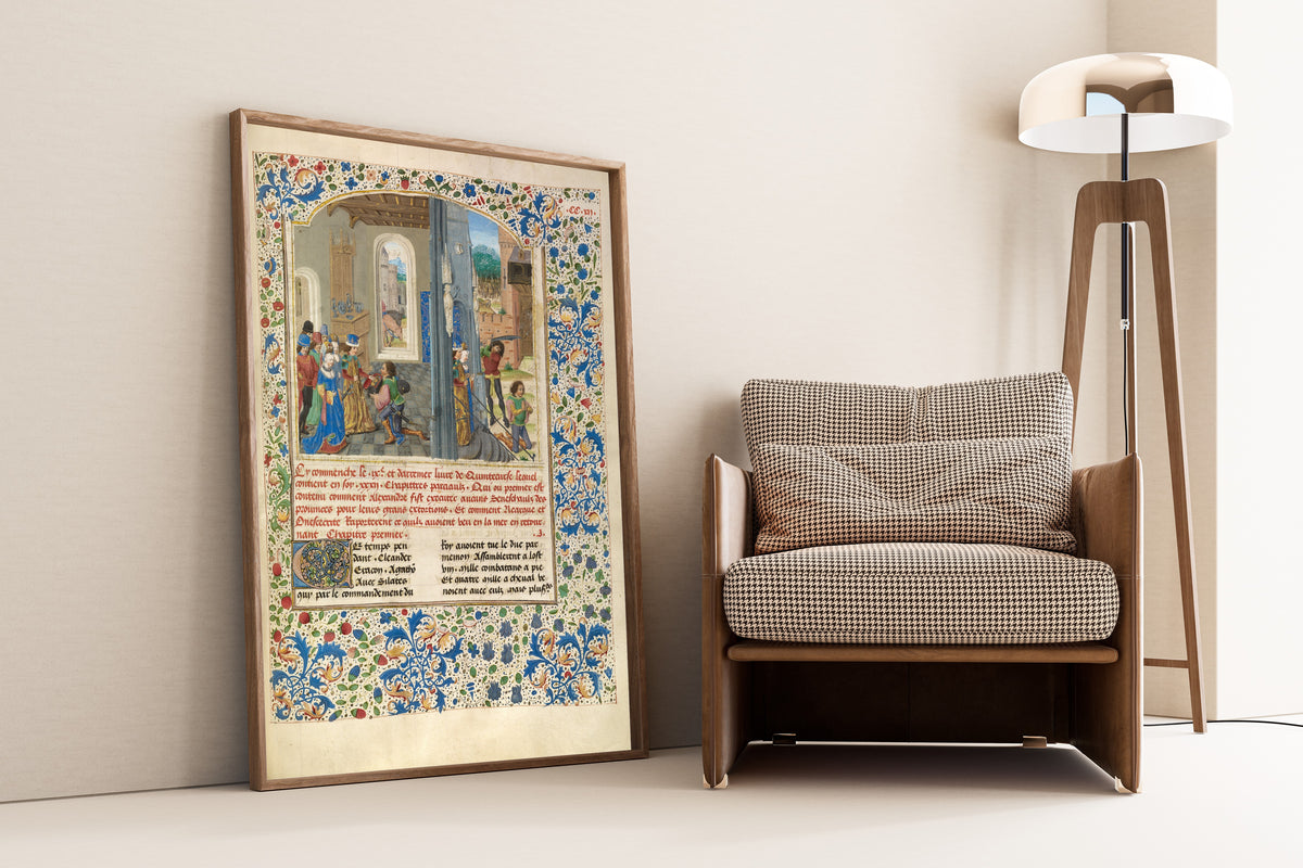 Framed art print of Orsines Presenting a Gift to… by Master of the Jardin de vertueuse consolation, leaning against a wall beside an armchair and a floor lamp