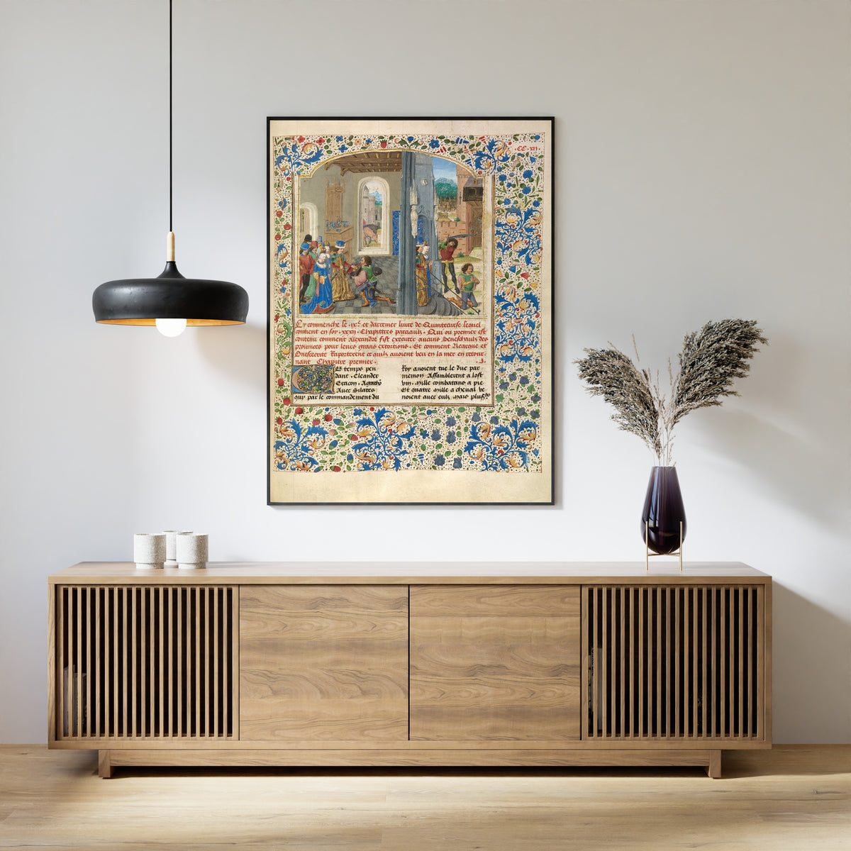 Framed art print of Orsines Presenting a Gift to Alexander and the Execution… by Master of the Jardin de vertueuse consolation, above a slatted wood sideboard