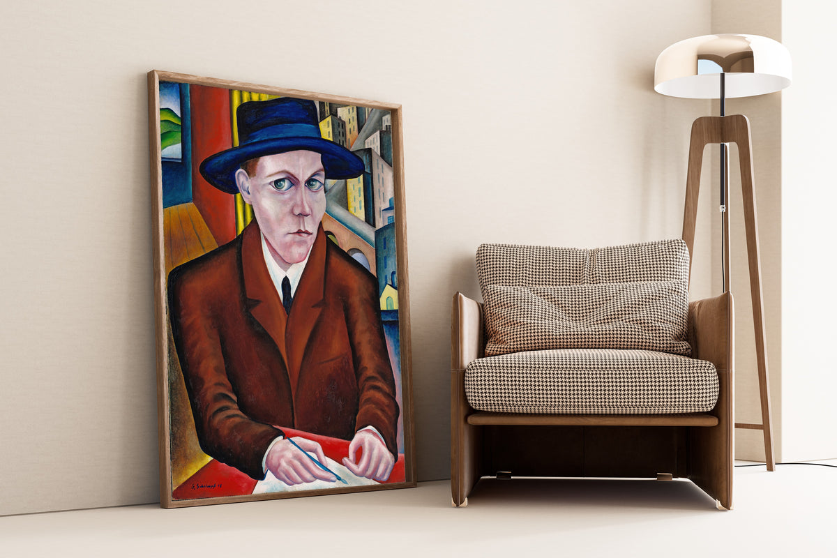 Oscar Maria Graf by Georg Schrimpf — framed and leaning against a wall beside an armchair and a floor lamp