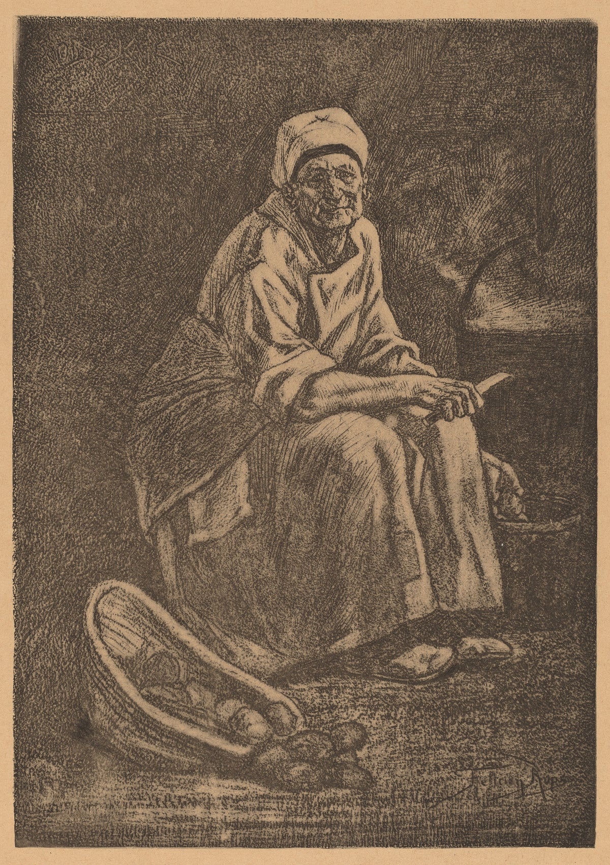 Oude-Kate by Félicien Rops — An old woman in a white cap sits with a knife beside a spilled basket