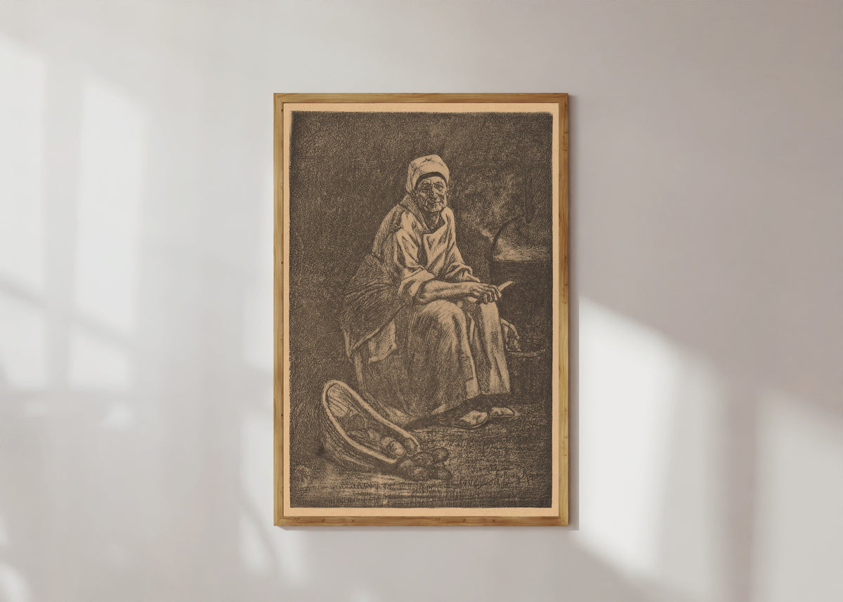 Framed art print of Oude-Kate by Félicien Rops, in a light wood frame on a sunlit white wall