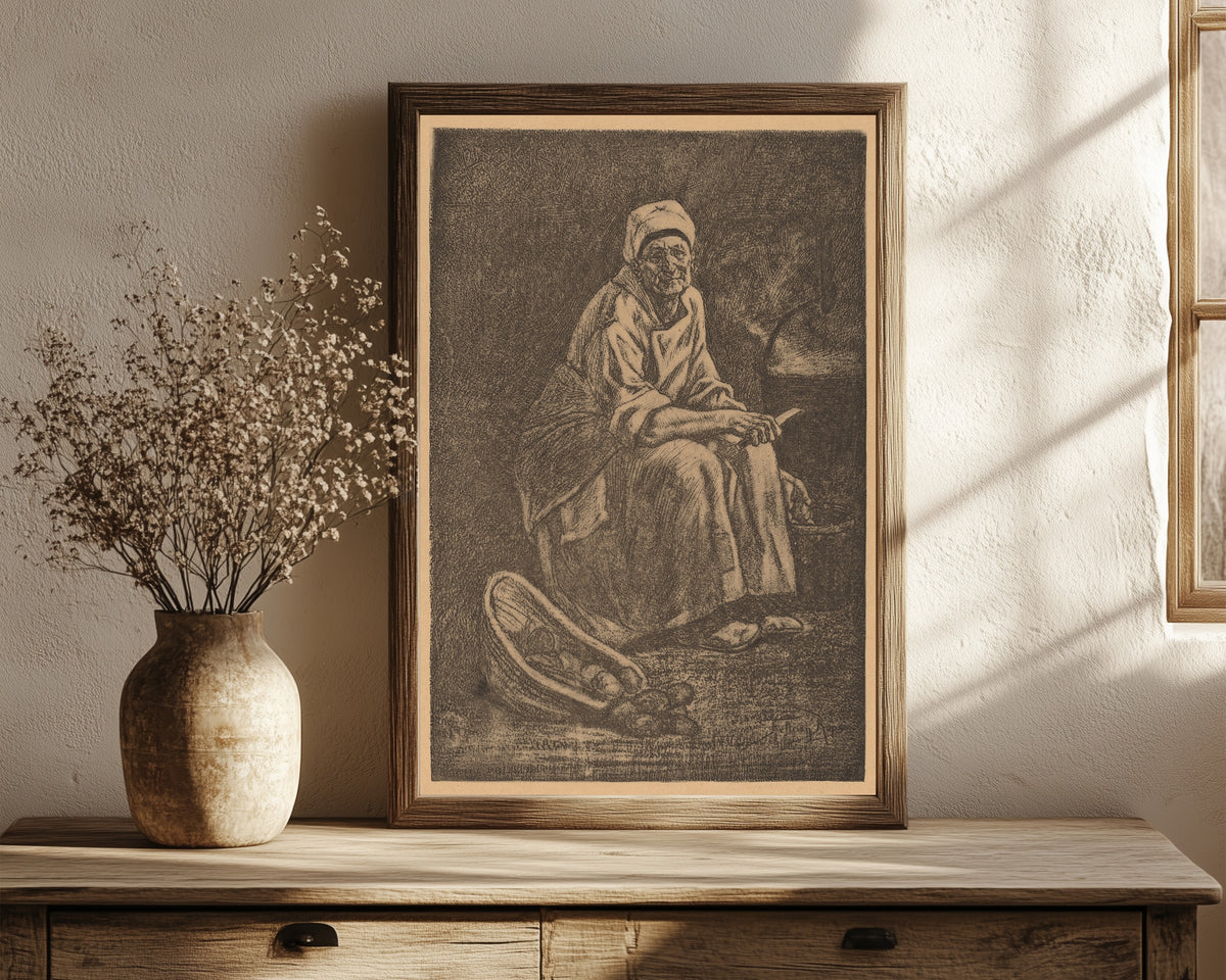 Framed art print of Oude-Kate by Félicien Rops, in a dark wood frame leaning on a rustic console beside dried flowers